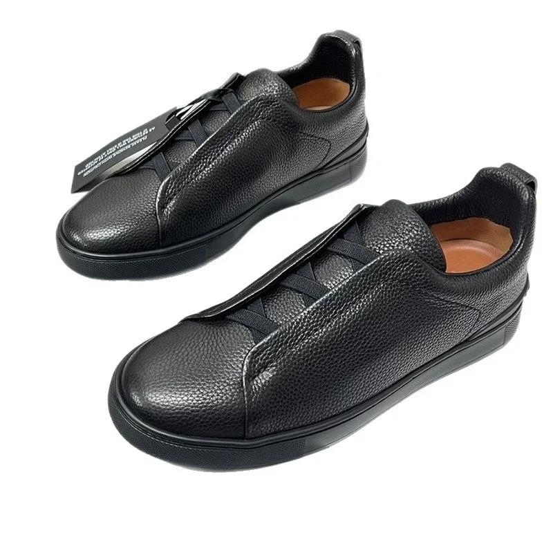 Spring Autumn Vintage High Quality Genuine Leather Lace-Up Shoes Man's Solid Color Round Toe Low-cut Flat Bottom Shoes
