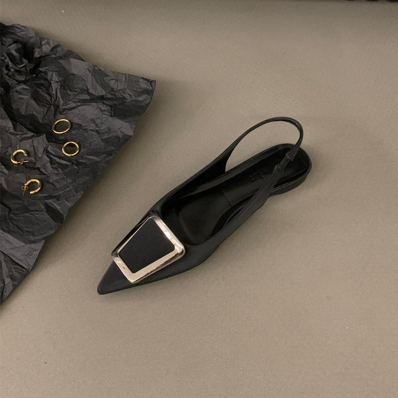 2025 new summer French flat-bottomed non-slip black bag head sandals women's versatile rhinestone pointed temperament single shoes