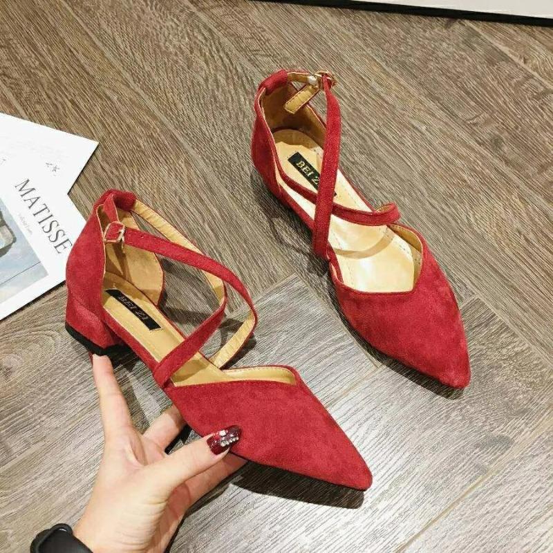 Burgunderfarbene Dameneinzelne Schuhe Frühling Flachsohlige Spitze Vielseitige Sanfte Fee Schuhe Kreuzgurt Damenschuhe