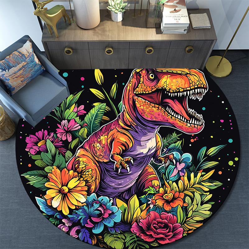 Colorful Dinosaur Round Area Rug,Carpet Rug for Living Room Bedroom Sofa Playroom Decor,Non-slip Floor Mat