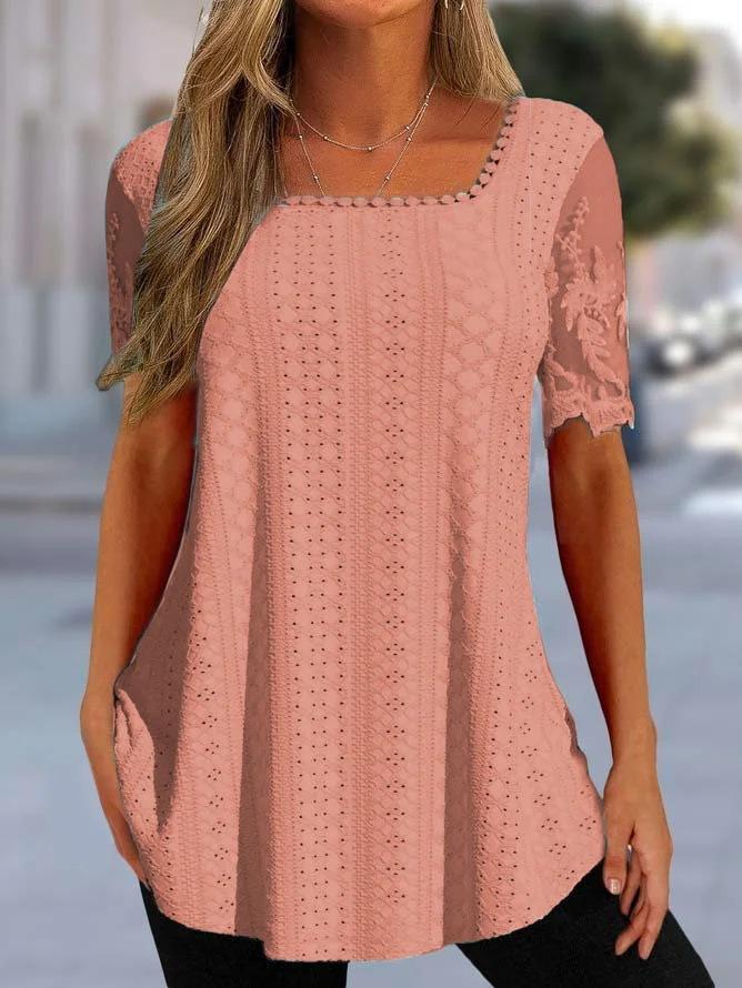 Summer New European and American Women's Square Neck T-Shirt Hollow Lace Sleeve Casual Top