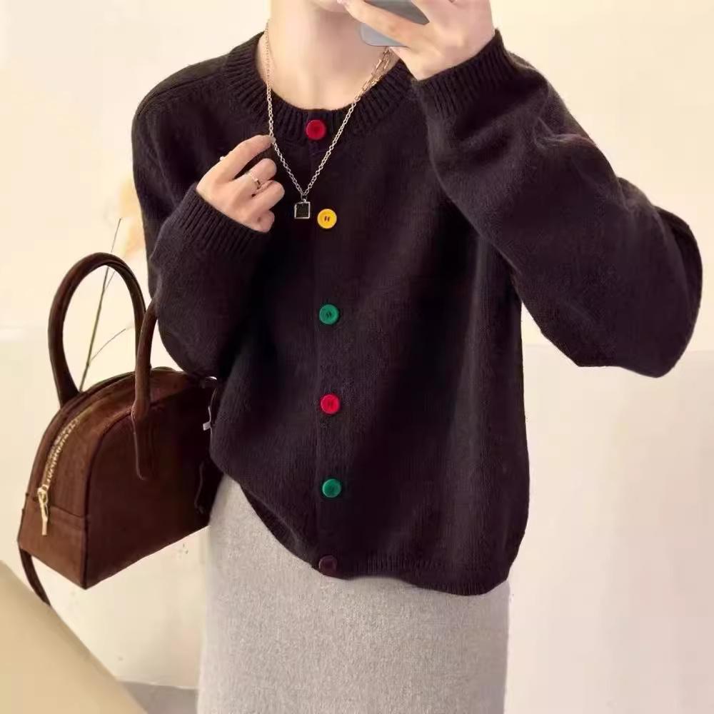 

Французский цветной свитер-кардиган с пуговицами, женская куртка на весну/осень/зиму с круглым вырезом внутри, короткий топ, мягкий и липкий трикотажный свитер L темный кофе