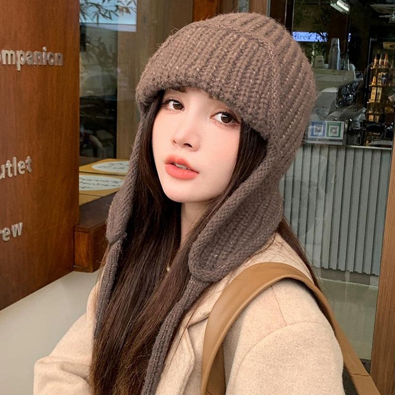 Ørebeskyttelse Strikkelue Vinter Varm Kuldebestandig Flylue Ensfarvet Ull Heklet Luer Koreansk Dame Beanie