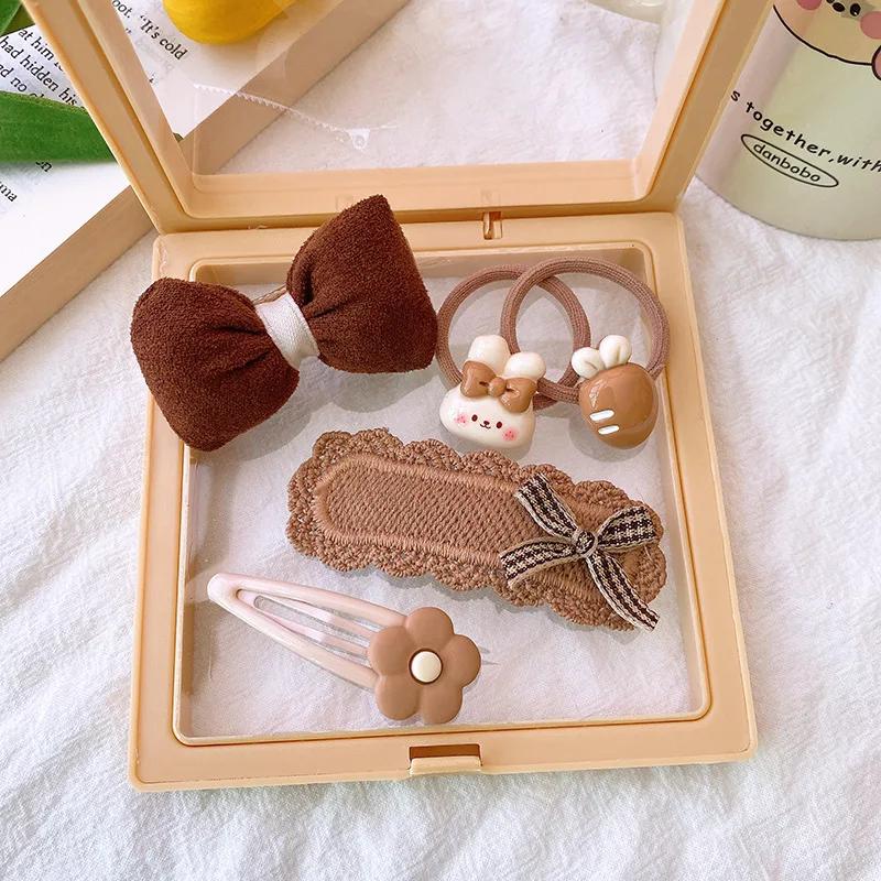 5 ks/sada Krásná dětská dívčí pokrývka hlavy Kawaii Kreslené zvířátko Sponka do vlasů pro miminko Série barvy mléčné kávy Dětská sponka do vlasů Krásný dárek