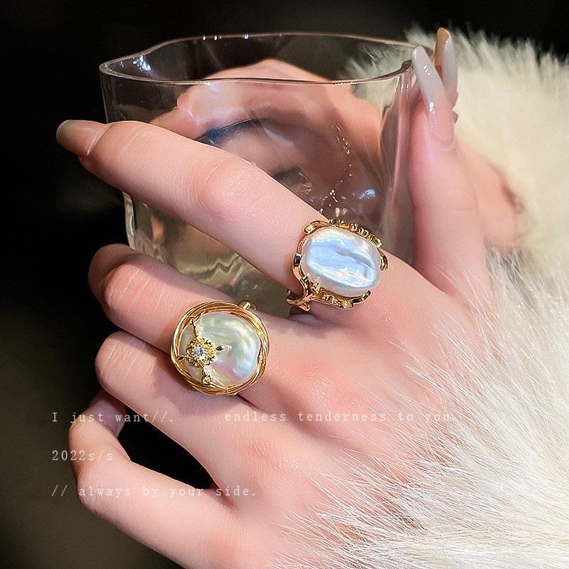 Baroque Irregular Freshwater Pearl Open Ring - Retro High-End Light Luxury Index Finger Jewelry
