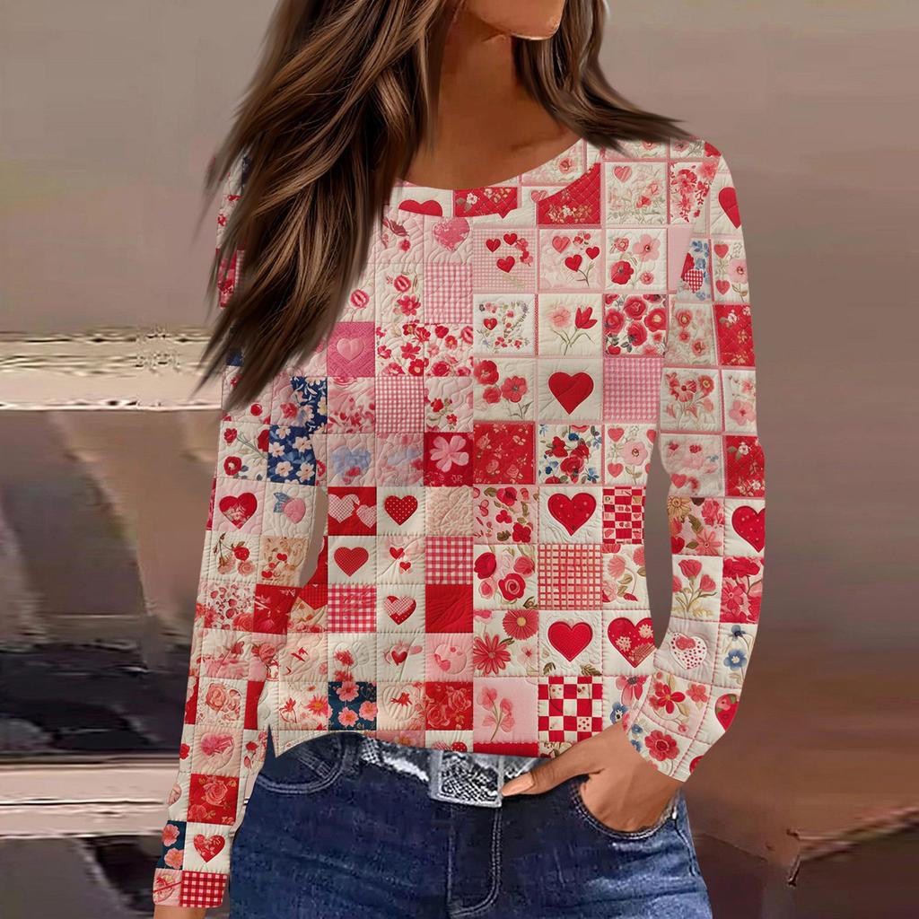 Women's Fashion Casual Slit Hem Round Neck Long Sleeve Loose Printed T-Shirt Ladies Top