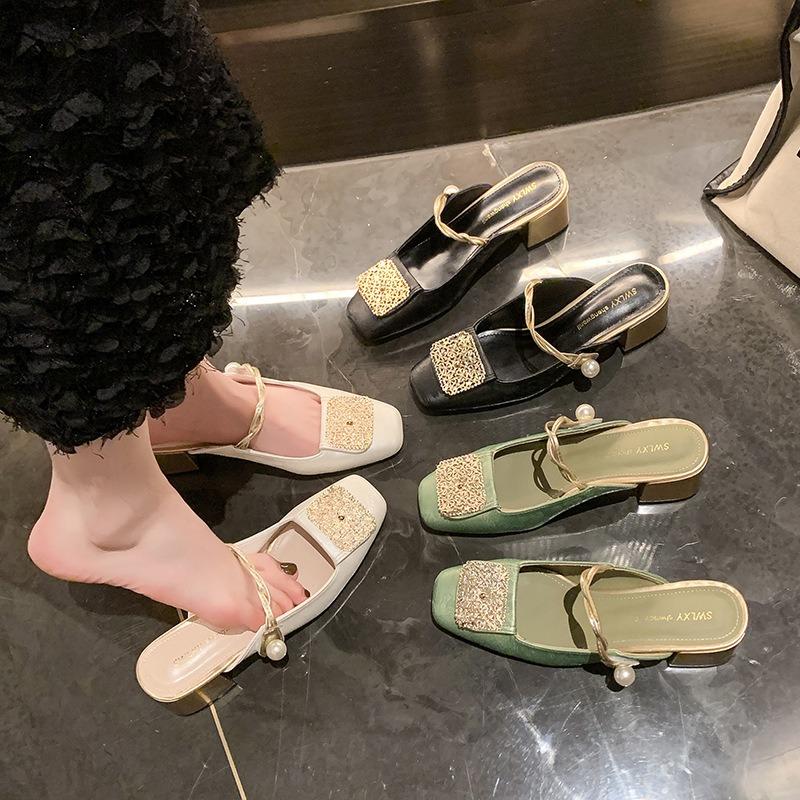 Baotou Half Slippers Women with Spring and Summer Chinese Mary Jane Slippers Rear Empty Thick Heels Cool Slippers Women