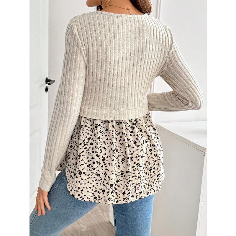Pregnant Women's Top Knitted with Patchwork Printing for Breastfeeding and Casual Maternity Pullover