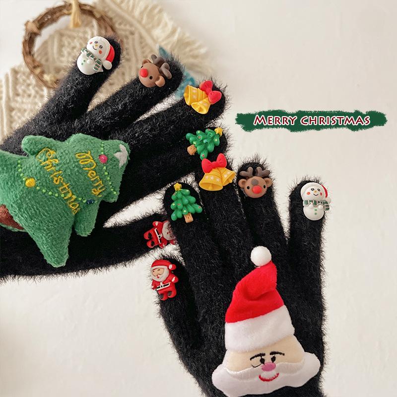 2025 Christmas Cartoon Plush Gloves Thicken Warm Snowman Xmas Tree Elk Winter Outdoor Elastic Five Finger Men Women Gloves