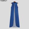 INCERUN Men Stand Collar Sleeveless PU Open Front Faux Leather Long Maxi Cardigan Coats