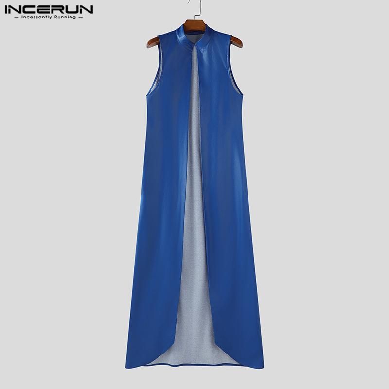 INCERUN Men Stand Collar Sleeveless PU Open Front Faux Leather Long Maxi Cardigan Coats