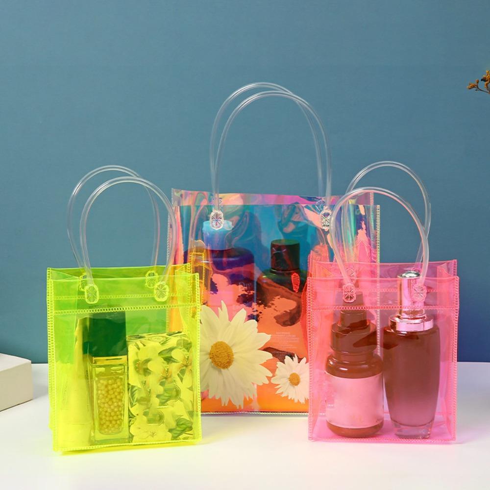 4pcs Holographic Clear Gift Bags with Handle Party Favor Bags Plastics Shopping Bags Goodie Bag Tote Bags Rainbow Holographic Gift Bag Gift Wrap Bag