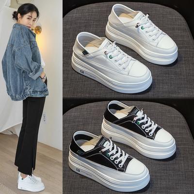 Thick-soled Little White Shoes for Women's 2025 Spring and Autumn New Muffin Shoes, Board Shoes with One Pedal and Two Wear Cowhide Inner Height-inc