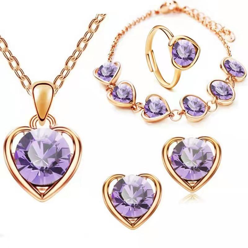 Women's Crystal Heart Jewelry Set: Necklace, Earrings, Ring, and Bracelet