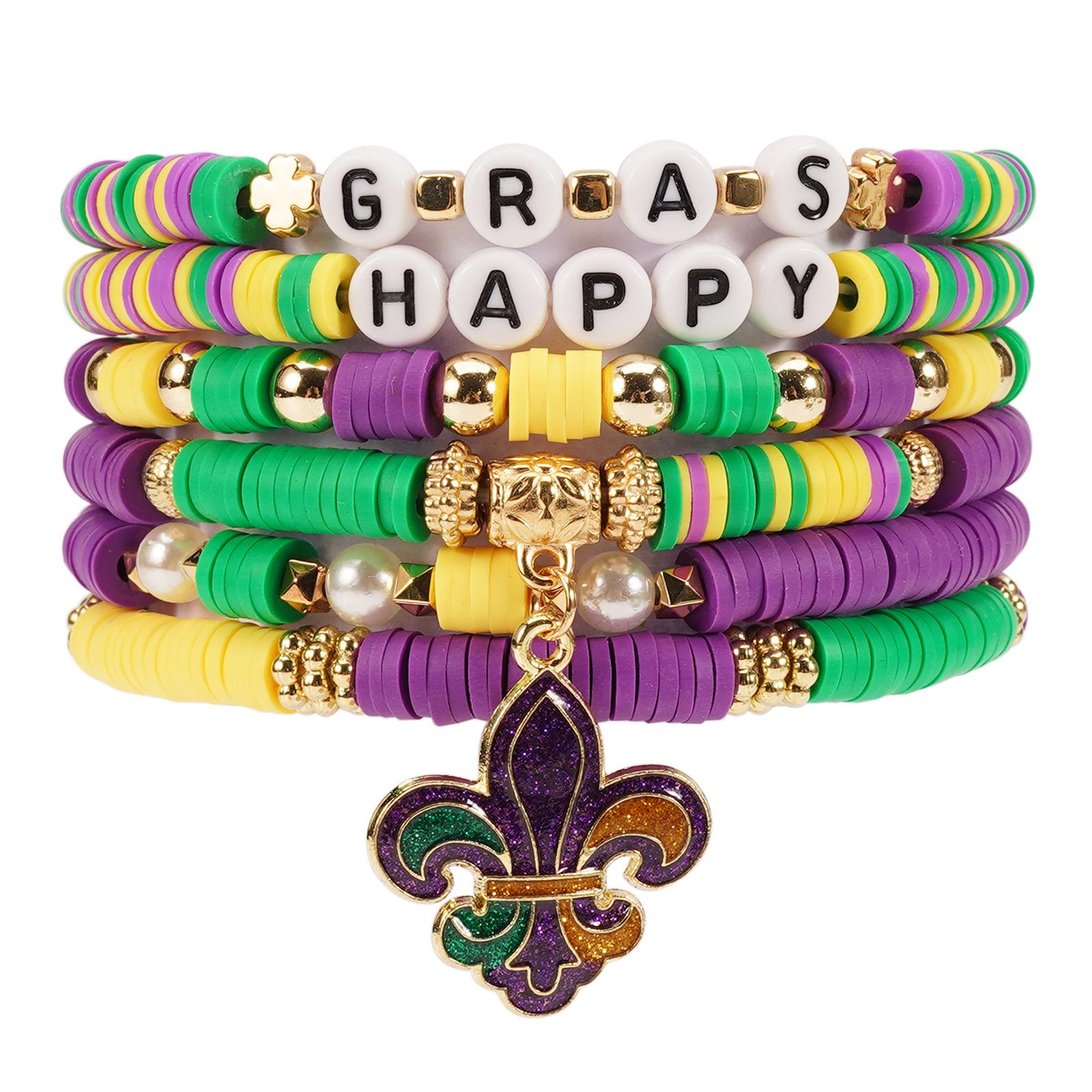 

Mardi Gras Bracelets for Women Glitter Mask Crown Fleur De Lis Charm Bracelets Purple Green Beaded Stretch Carnival Bracelets