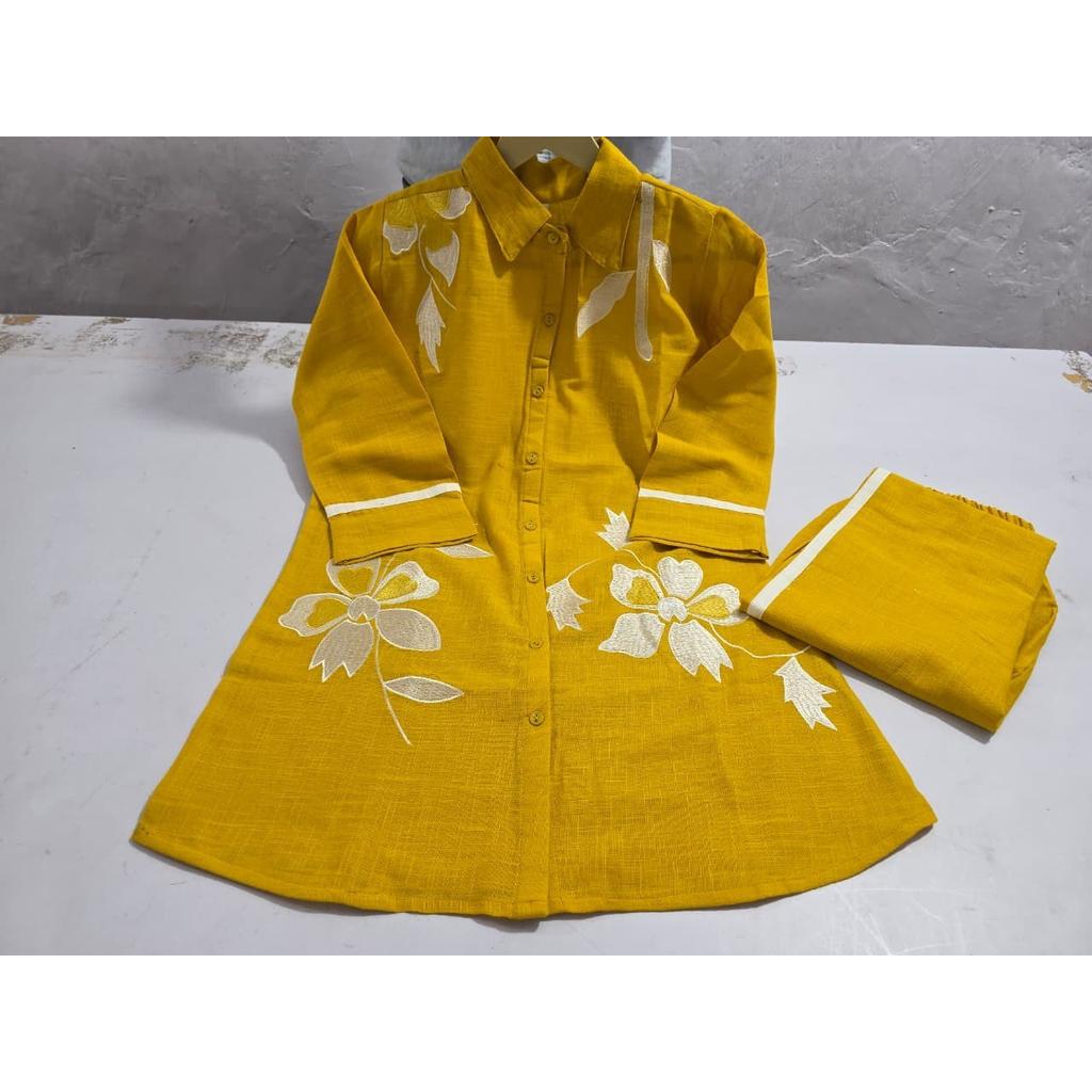 Yellow Floral Embroidery Shirt Cord Set Women Designer Ethnic Top Kurta Pant Set