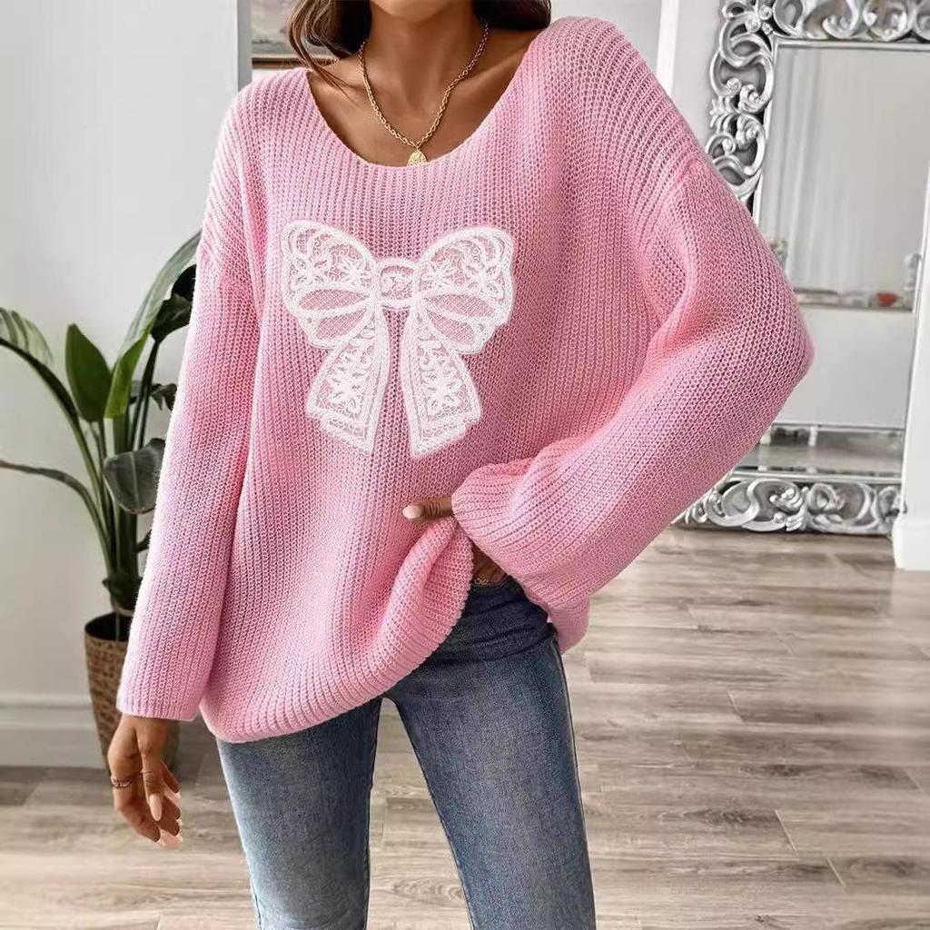 Women's European & American Bow Embroidery Pullover Sweater with Loose Micro-flared Sleeves
