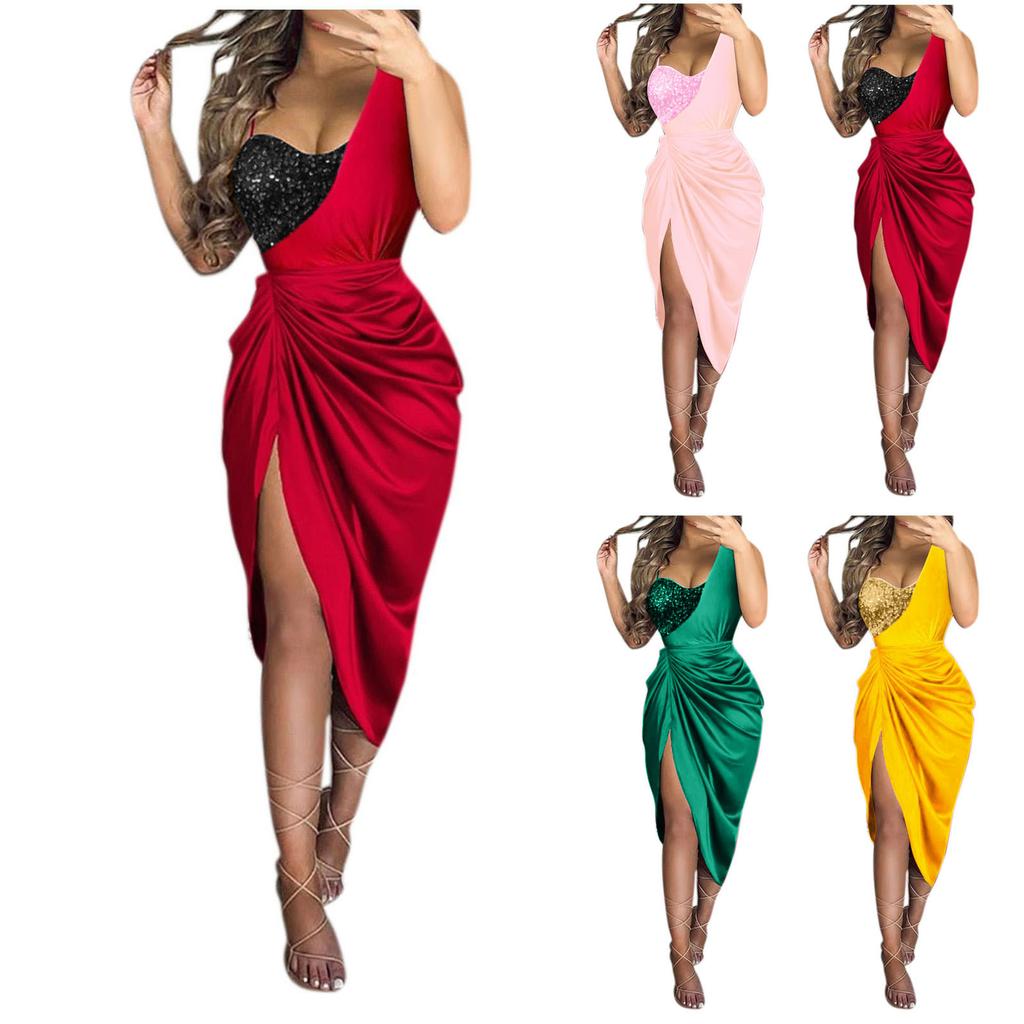 Split Pleated Single Shoulder Evening Dress