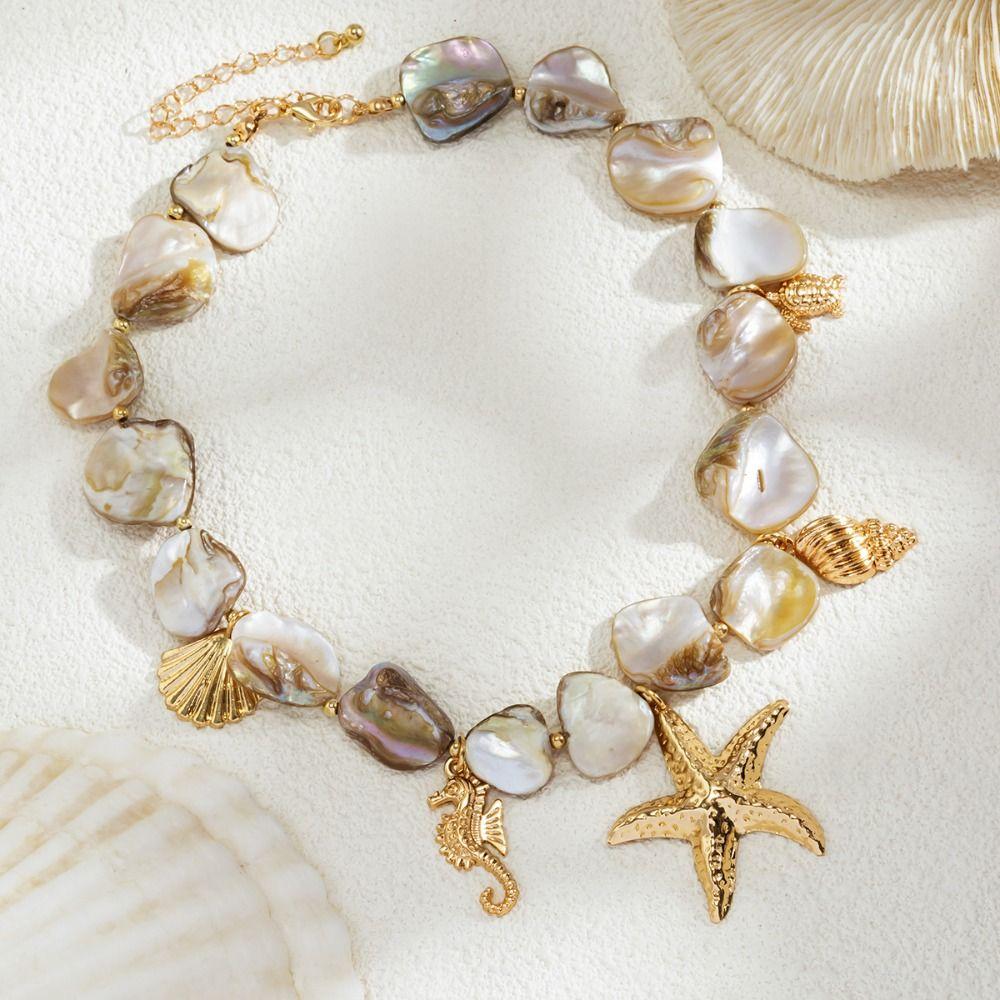 Sea Series Starfish Beaded Necklace Charm Natural Shell Shell Beaded Chain  Beach