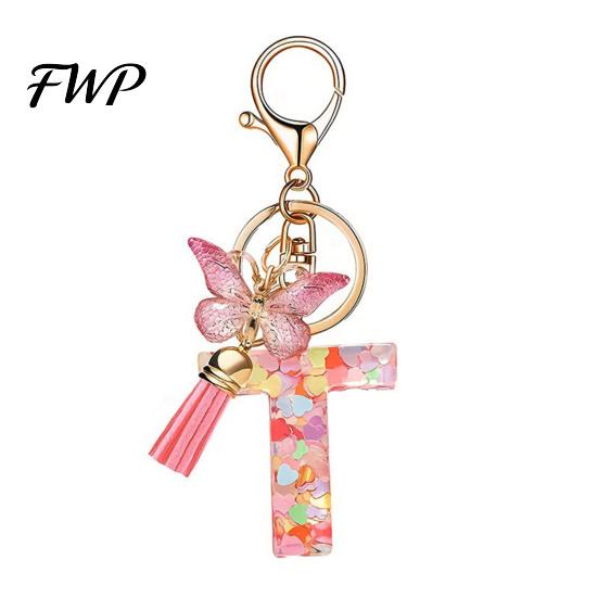 Initial Letter Charm Keychain Pink Series Pendant, Sequins Heart Key Chain with Holder Pendant Butterfly Tassel Design, A-Z for Bag Purse Backpack