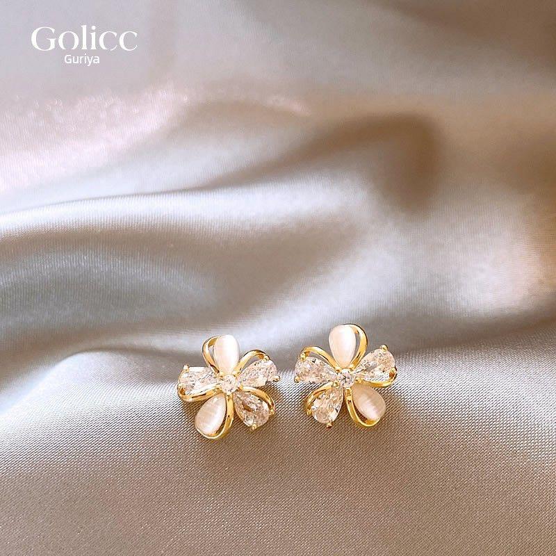 Gold Flower Zircon Ear Studs Women's Accessible Luxury Fancy Elegant Generous Earrings 925 Sterling Silver Needle Delicate Earrings Summer
