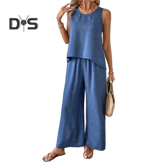 Zweiteiliges Lounge-Set für Damen, ärmellos, mit hohlem Rücken, Oberteil und weitem Bein, Hosen-Set, lässige Urlaubs- und Reise-Outfits