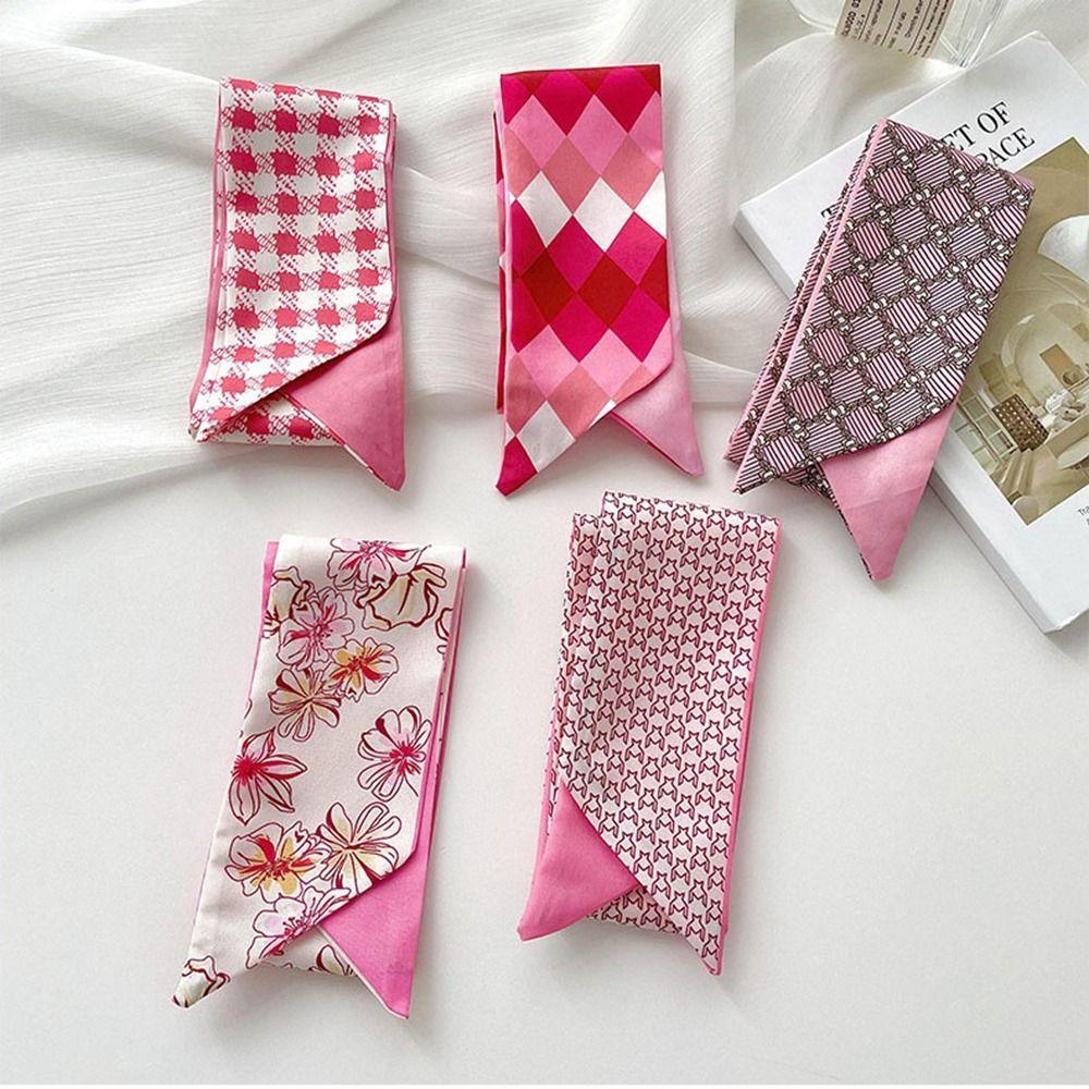Retro Ribbon Headband Silk Scarf Pink Flower Long Scarf Neckerchief Scarf Accessories Printed Scarf Female