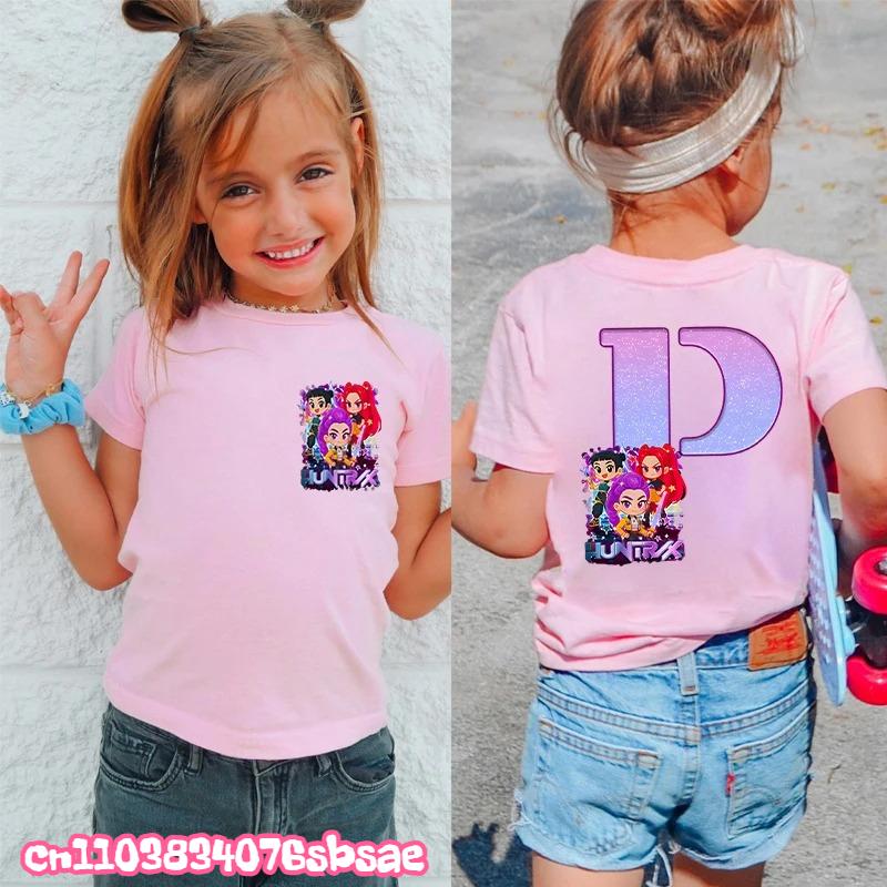 Fashion A-Z 26 Letter Print Kids Clothing Kpop Demon Hunters Graphic Y2k Tops Girls Boys Short Sleeve Tees Child T-shirts