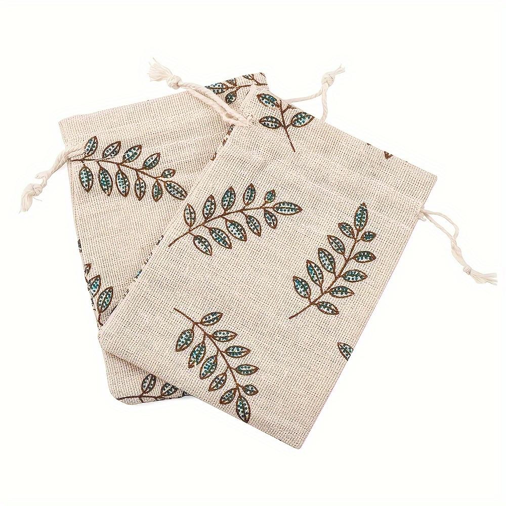 1pcs Leaf Printed Linen Bag Drawstring Gift Bag, Jewelry Packaging Bag Wedding Party Gift Bunch Bag, Birthday Party Gift Bag