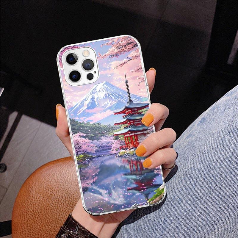 Japanese Cherry Mount Fuji Phone Case For iPhone 13 12 Mini 11 Pro Max XS XR X SE 7 8 Plus 5S 5 6S 6 Gift Print Cover Fundas