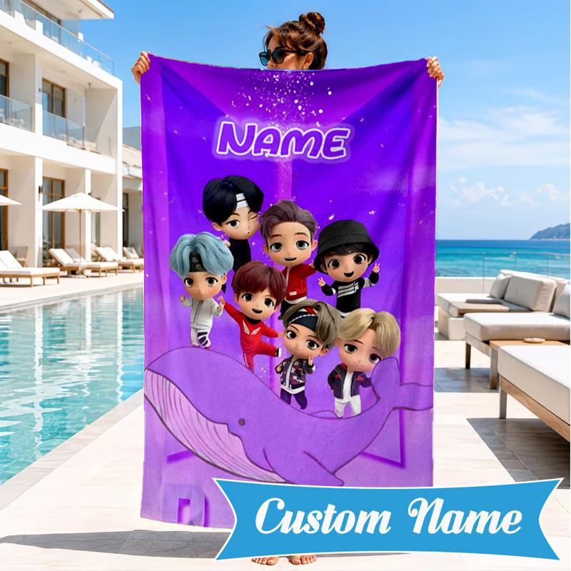 Custom Name K-pop BTS Artwork Characters Beach Towel Microfiber Beach Towel, Lightweight and Quick-Dry, for Summer Travel, Swimming Pool Gift