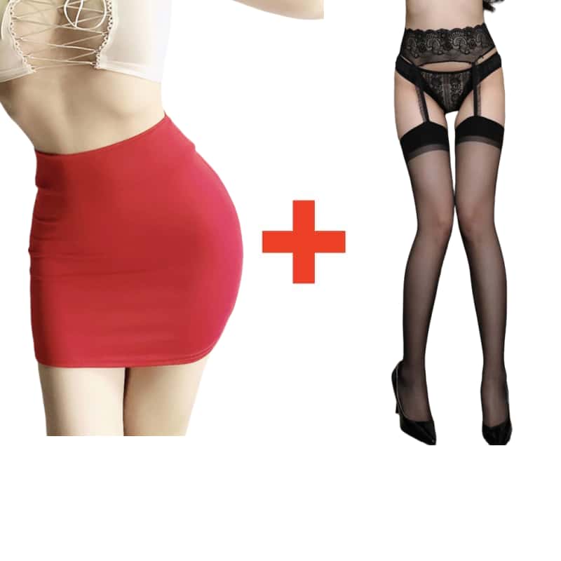 2PCS/SET Women High Waist Pencil Mini Skirts+Stockings Dress Set,Sexy Casual Wrap Hips Black Short Skirt and Pantyhose