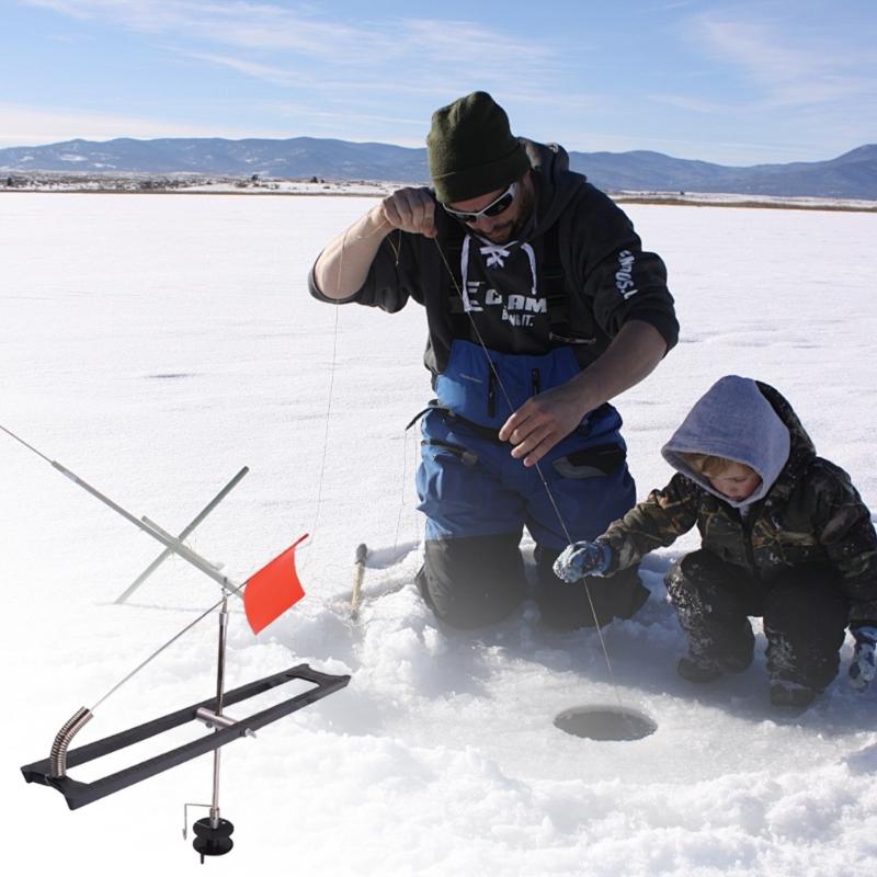 2Pcs Tip Up Ice Fishing Rail Style Polars Tip up Foldable Orange Flags Strikes Indicators Ice Fishing Tackle Tool