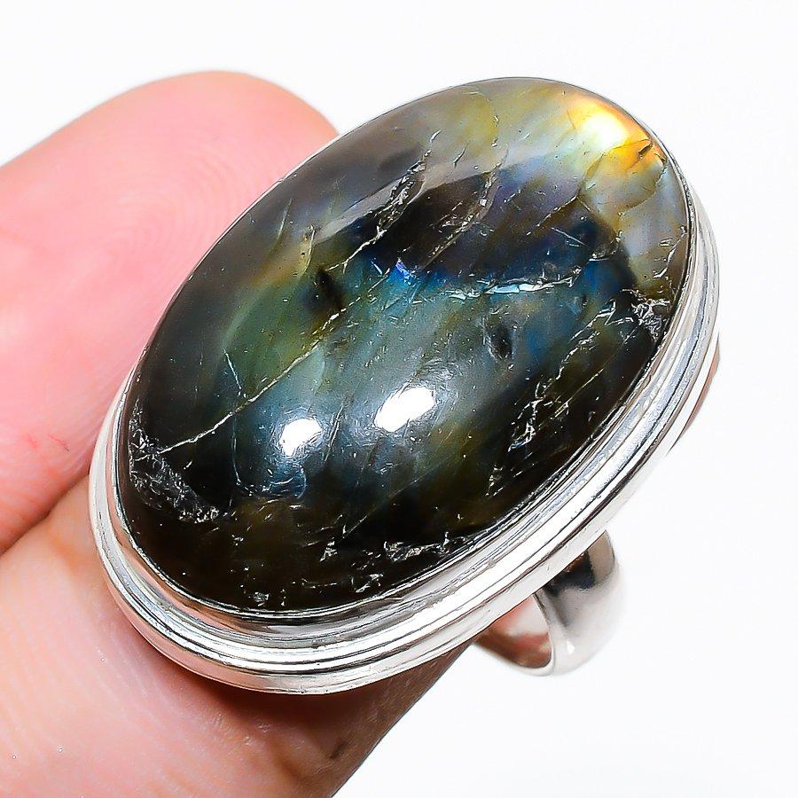 

Кольцо из стерлингового серебра 925 пробы с натуральным лабрадоритом ручной работы, размер 7 d5V72