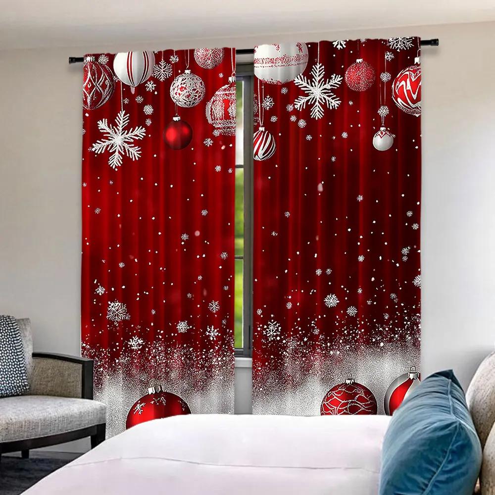 2Pcs Christmas Curtain Traditional Celebration Theme Pendant Baubles Ornate Snowflakes For Living Room Dining Room Bedroom
