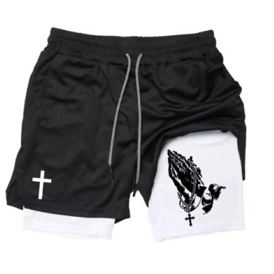 Cross Christian God Bible Pray Faith Jesus Muay Thai Kick Boxing MMA Double Layer Shorts Men Women Unisex Quick Dry Training Sport Gym Fitness Workout