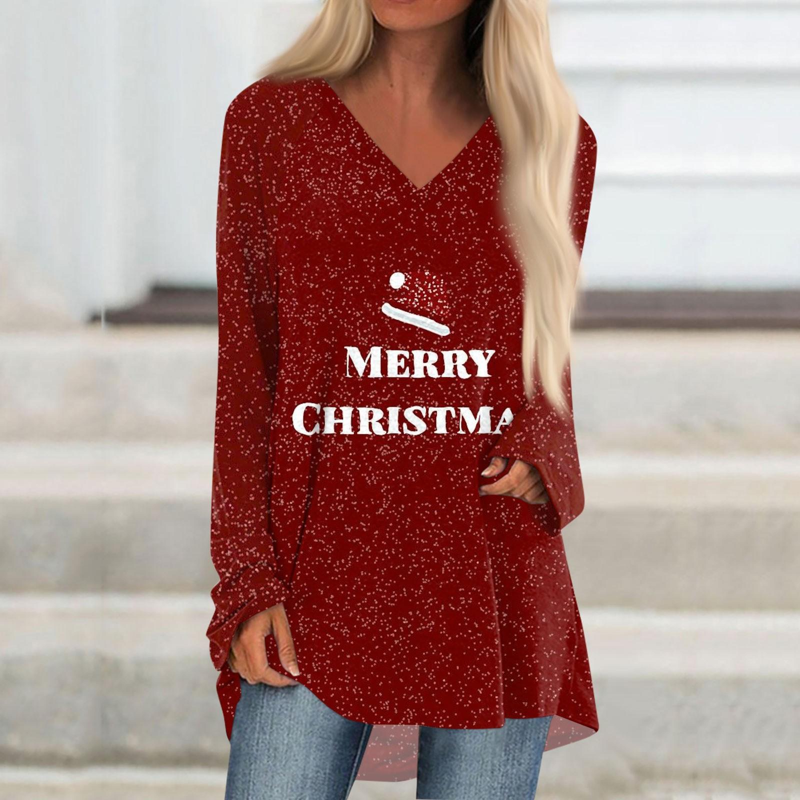 

Женская осенне-зимняя повседневная длинная свободная футболка с v-образным вырезом и рождественским принтом, топ XL винный