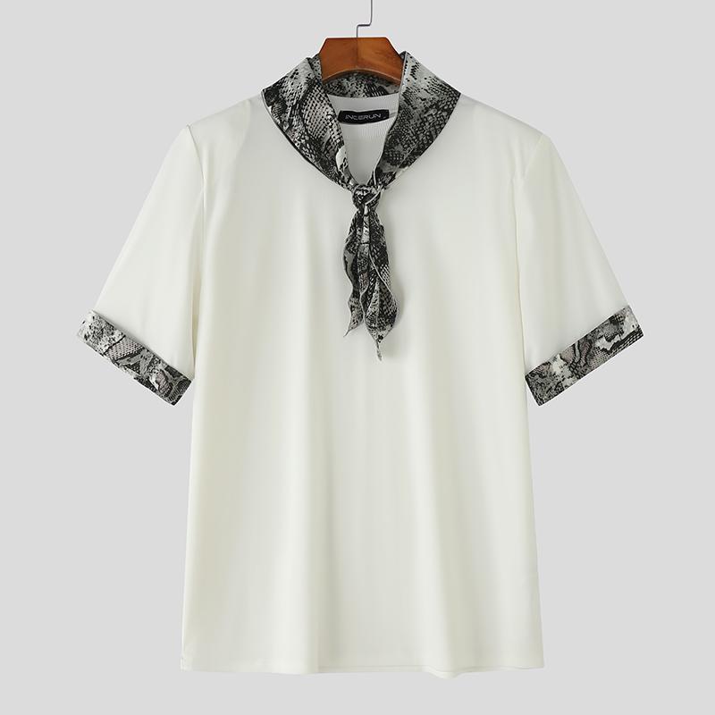 INCERUN Mens Tie Up Short Sleeve Leopard Stitching Casual T-shirts Tops
