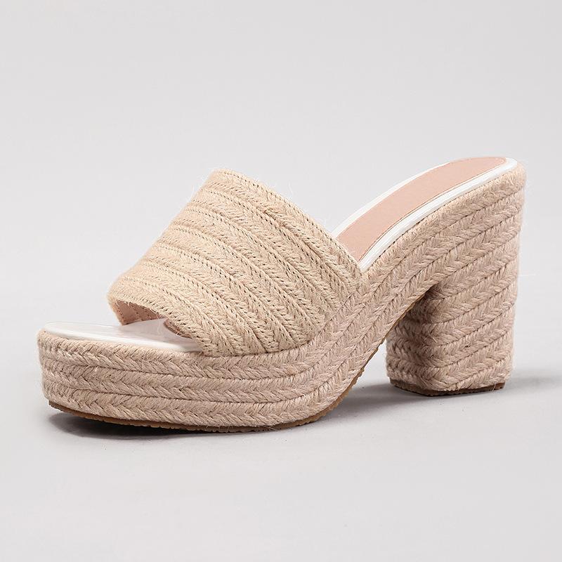 Hausschuhe mit hohen Absätzen Damen Hanfseil Keilabsatz Dicksohlige Sandalen Gewebte Grassseil-Hausschuhe Wasserdichte Plateau High Heels 40 beige