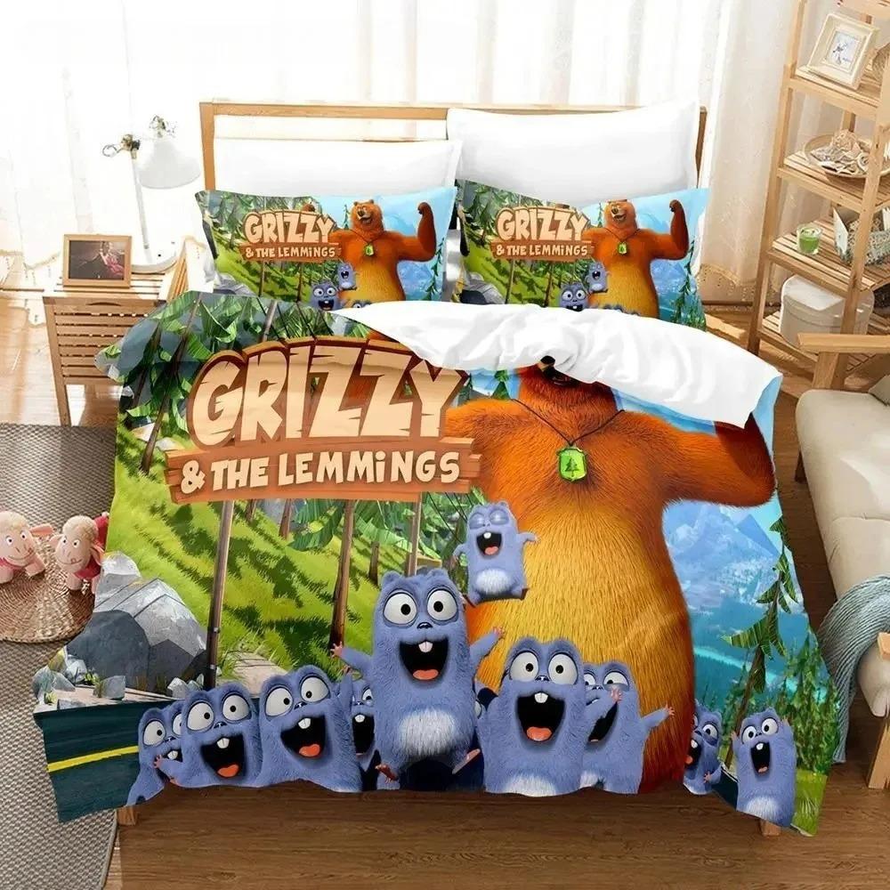 Cartoon Grizzly Bear & Little Blue Mice Bedding Set Kids adults Bedroom Decor 2/3piece set Duvet Cover Pillowcase Size Gift