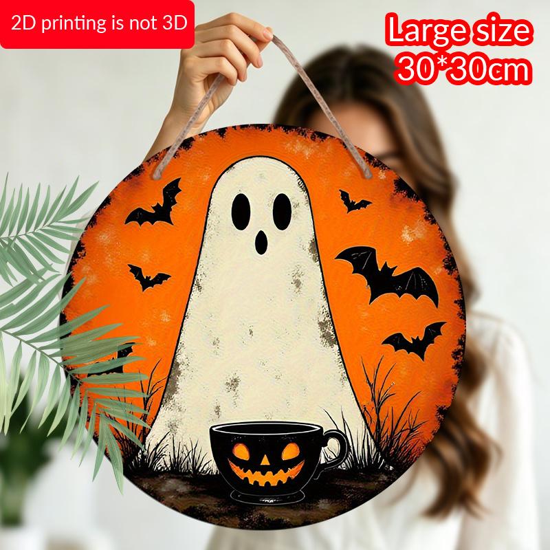 2D Flat, 1pc Cute Ghost Bat Pumpkin Mug Round Aluminum Wall Plaque, Halloween Horror Element Craft Sign, Indoor Outdoor Hanging Seasonal Decor