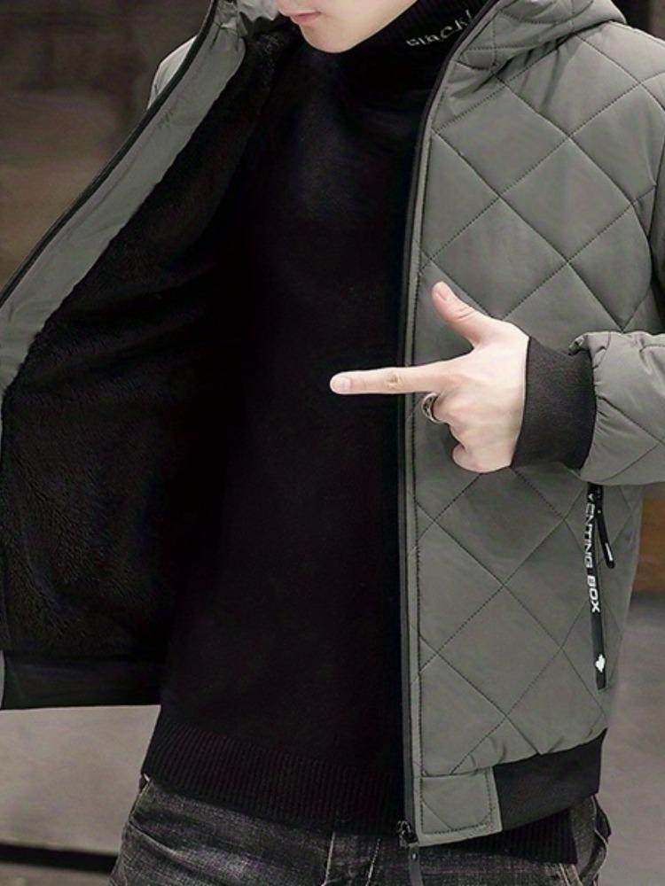 Men's Warm Quilted Hooded Jacket, Plush Winter Zip-Up Outerwear for Fall/Winter Outdoor Activities