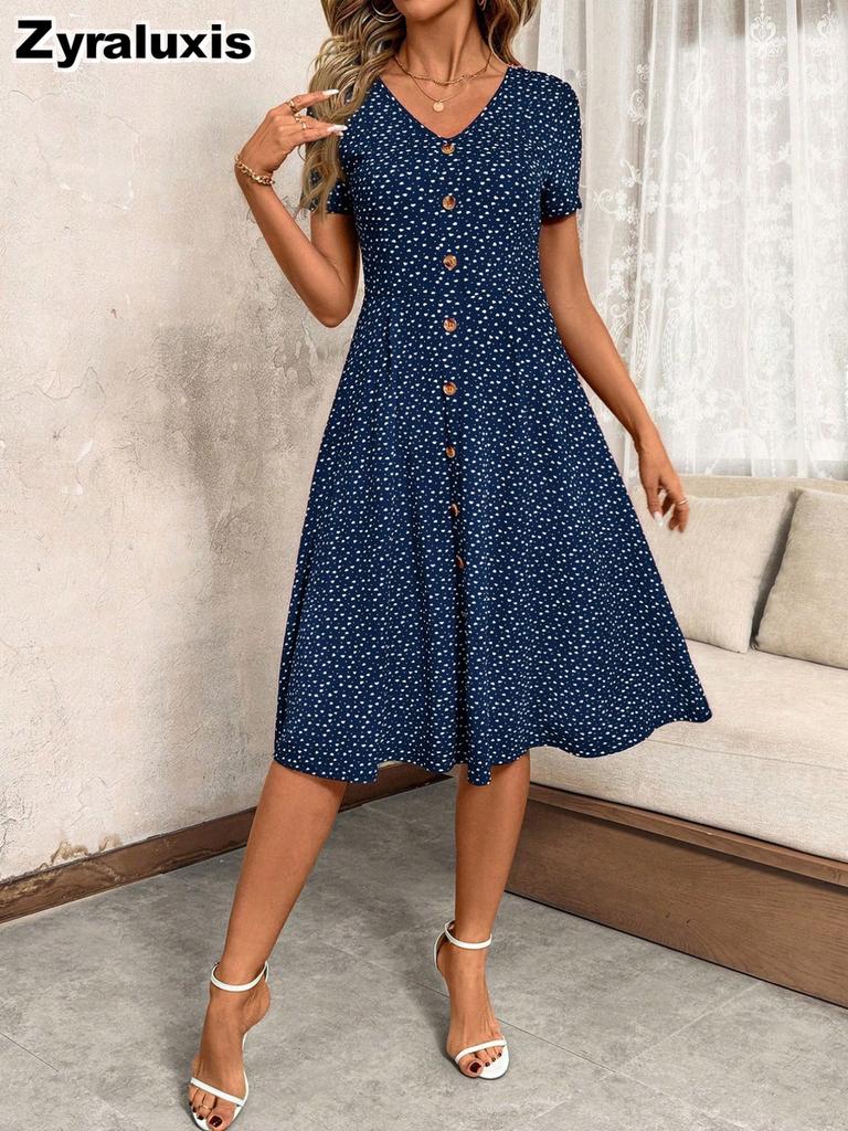 Summer New Fashion Polka Dot Women's Dress Sexy V-Neck Pleated Short Sleeve Floral Dress