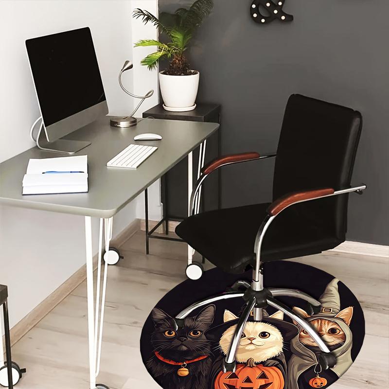1pc Halloween cats in witch costumes with pumpkin. Round carpet, Made of Polyester,Perfect for Decorating Office Chairs, Living Rooms fplt558