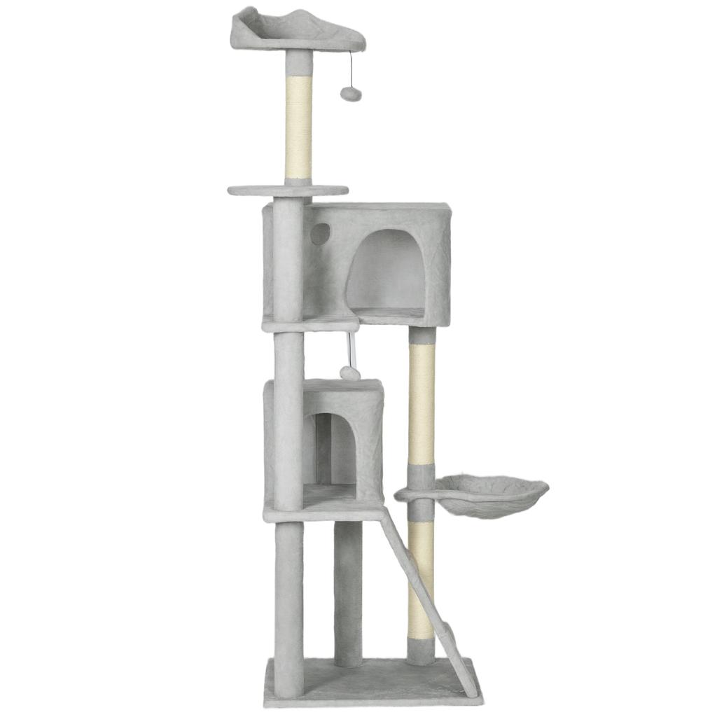 Cat Scratching Tree, 180 Cm, Platforms, Bed, 2 Caves, Hammock, Ladder, Sisal Posts, Light Gray