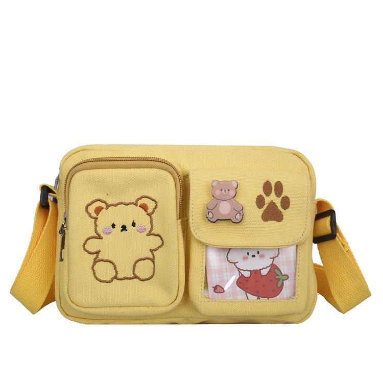 New Japanese soft girl cute small bag vintage girl student bag embroidered bear canvas bag female messenger bag