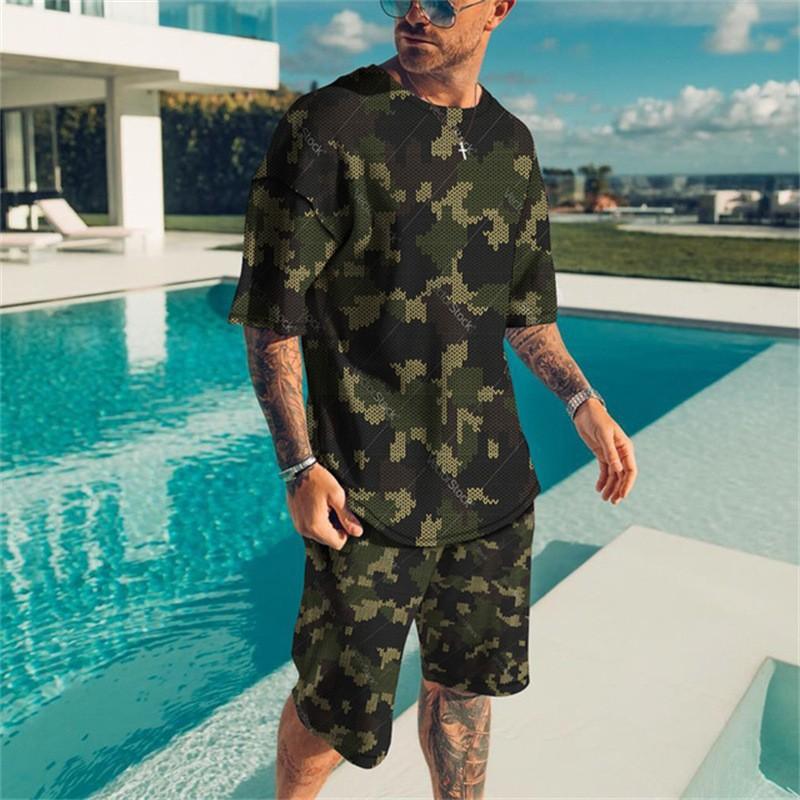 Neues Herren Grün Camouflage T-Shirts Shorts Set 3D Druck Kurzarm T-Shirt Badeshorts 2-teiliges Set Sommer Übergroße Trainingsanzüge