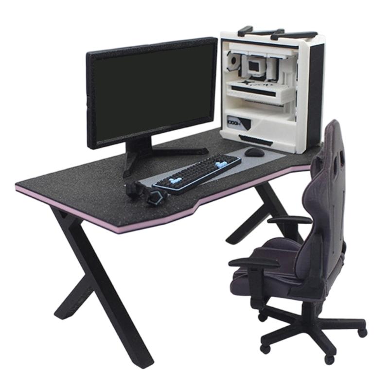 Detailed 1/12 Miniatur Gaming Furniture Set Desk Chair Computer Accessory for Doll House Scene Display and Toy Collection