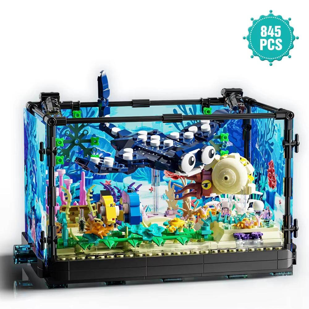 Set de Bloques de Pecera con Luces, Acuario, Vida Marina, Tanque Ecológico de Tiburón, Juego de Bloques para Niños +6 Años, Regalo para Amantes del Océano