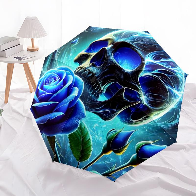 1pc Blue Rose Skull Artwork Umbrella with Plastic Handle,Suitable for All Seasons Home Travel Outdoor UmbrellaDD1532
